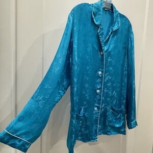 Vintage Esme Womens Silk Shirt Large Loungewear Top Floral Asian Button Up